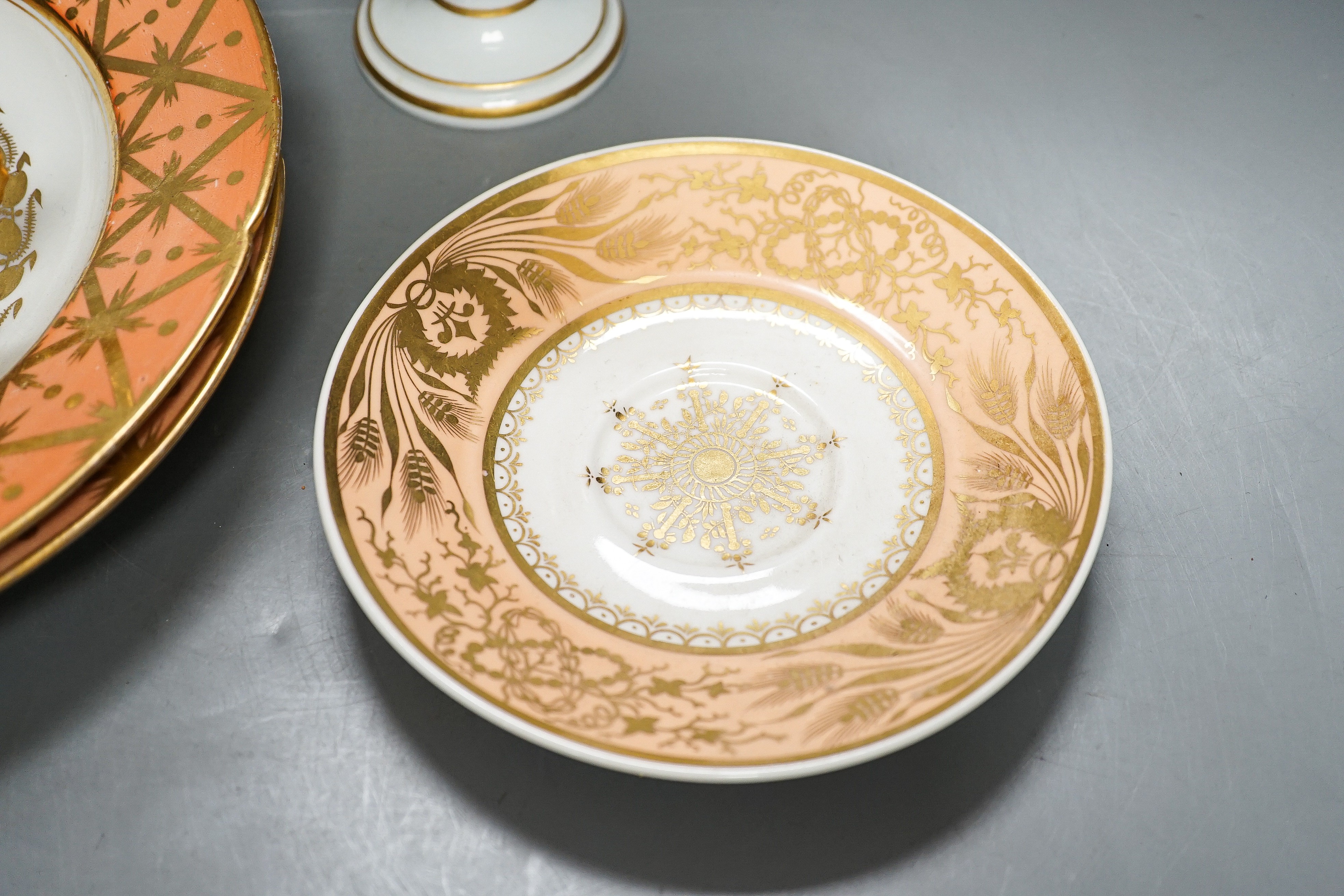 Regency porcelains - a Spode pot pourri, pair of plates, armorial cream pail and cover and a saucer and later cup, tallest 21 cm